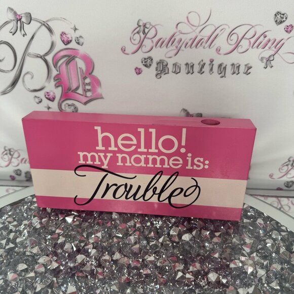 Decor wooden sign Hello my name is trouble white pink cute funny y2k home decor - Picture 2 of 8